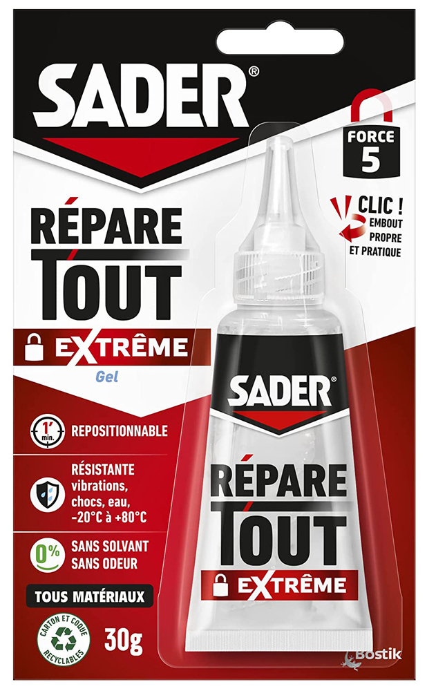 Colle Répare Tout Extrême Gel Clic transparente 30g pour une réparation multi-matériaux et résistante.
