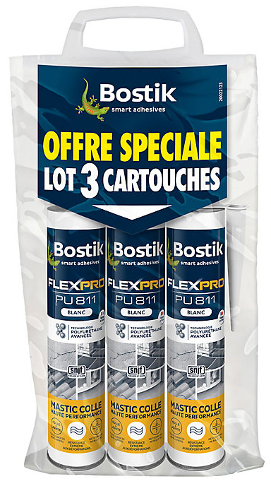 Mastic colle polyuréthane FlexPro PU811 blanc 300 ml, lot de 3 cartouches pour étanchéité et collage.