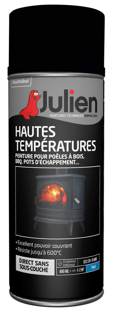 Peinture haute température 600° noire mat en aérosol 400 ml pour surfaces métalliques