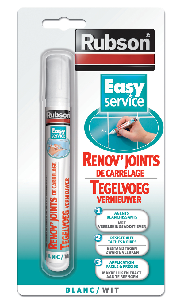 Rénov'Joints de Carrelage Easy Service blanc 7 ml, tube applicateur pour la rénovation des joints sanitaires.