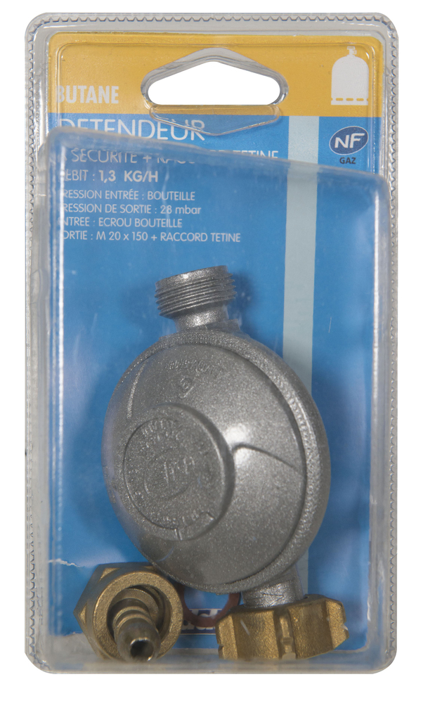 Détendeur de sécurité gaz butane NF avec tétine pour bouteille de gaz