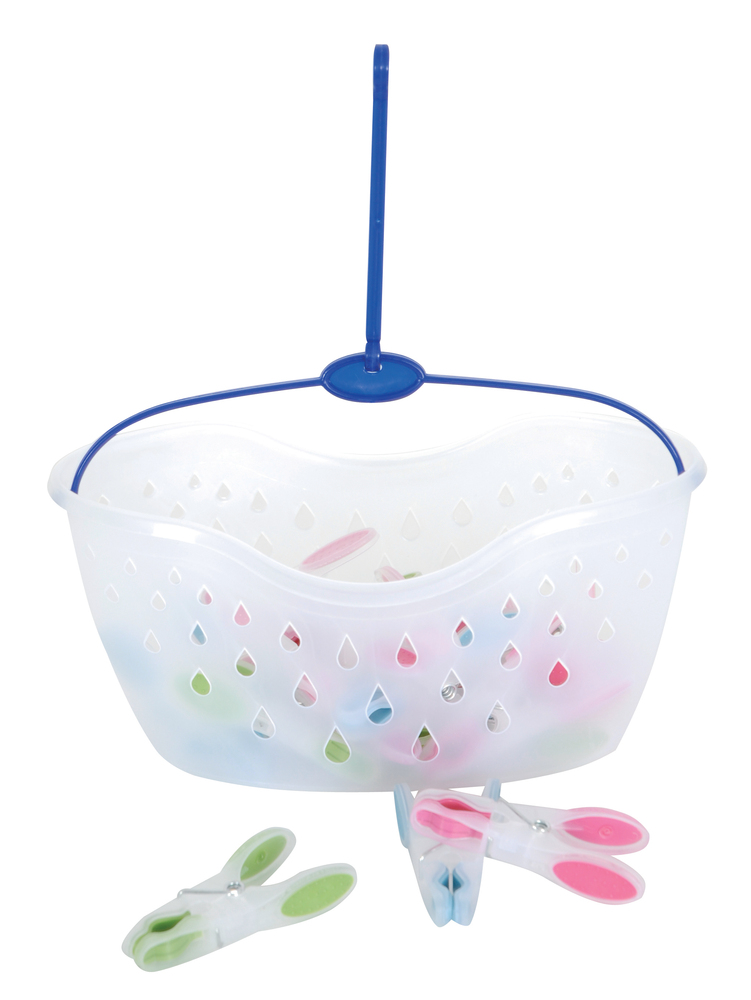 Panier de rangement et ses 24 pinces à linge bi-matière pour étendre et sécher le linge.