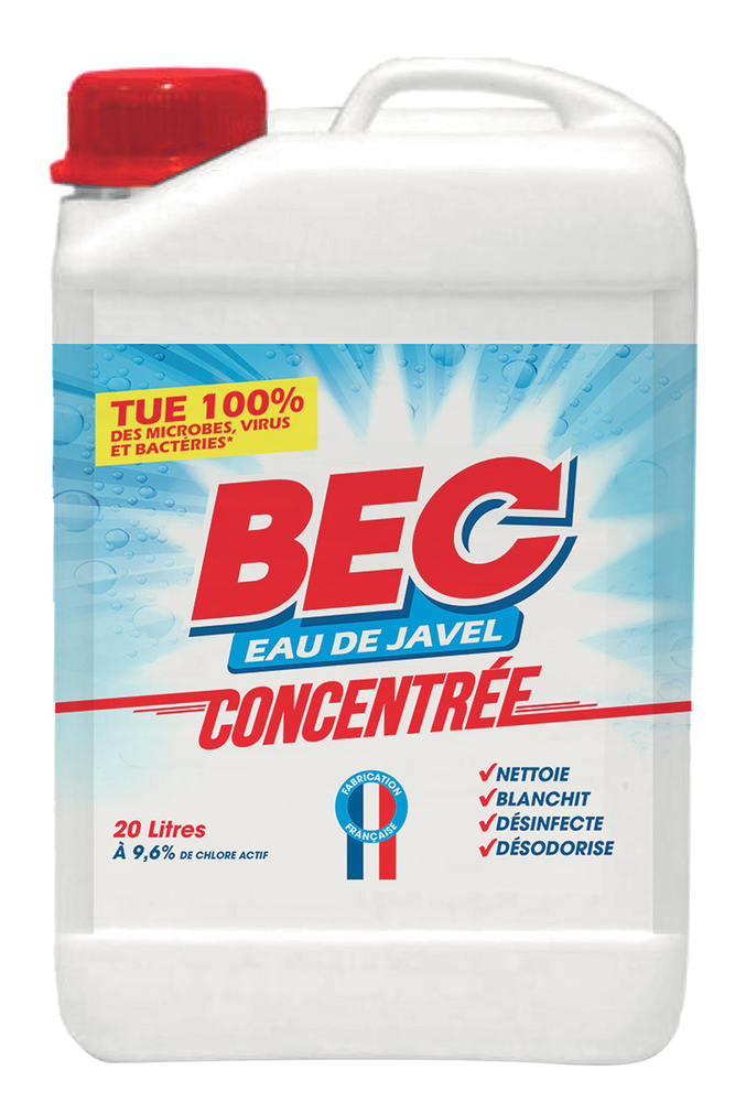 Bidon de 20L d'Eau de Javel BEC concentrée 36° 9.6% chlore actif pour le nettoyage des façades et l'élimination de la mousse.