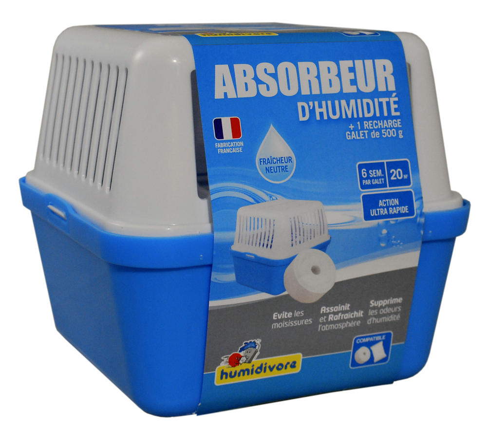 Absorbeur d'humidité avec 1 recharge galet neutre 500 g, dispositif compact pour prévenir la condensation et les moisissures.