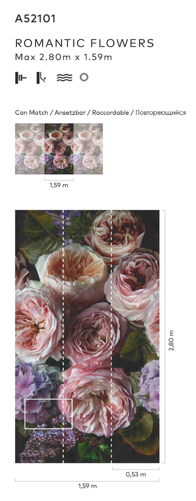A52101 Papier Peint Panoramique Romantic Flowers 3 Lès 159 x 280 cm