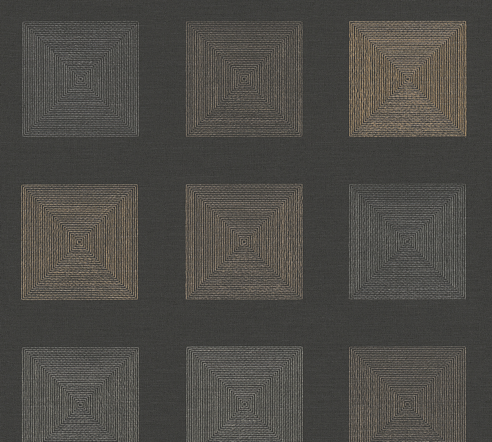 Papier peint vinyle grainé sur intissé 371724 Motif Massaï Noir Or, avec sa texture raffinée et ses motifs géométriques ethniques.