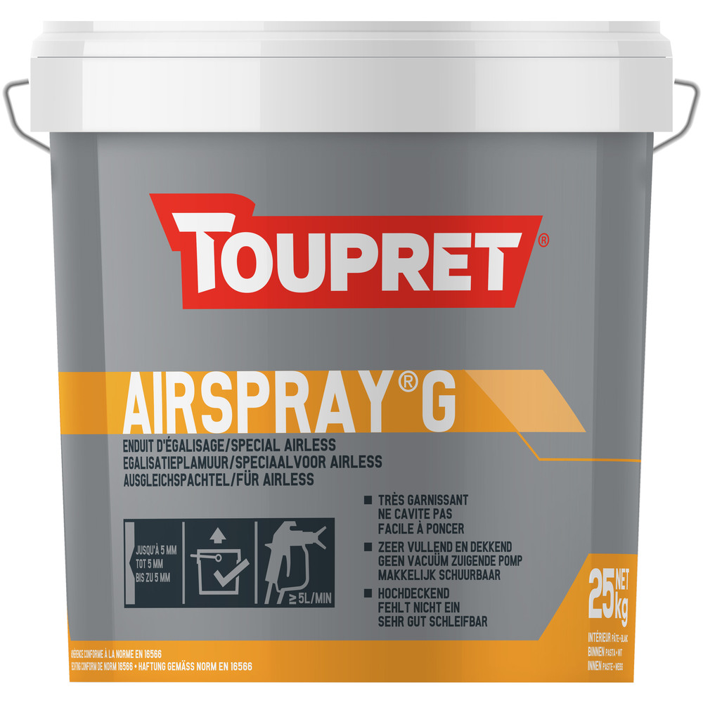 Enduit de lissage Airspray G spécial Airless en pâte, seau de 25 kg, prêt à l'emploi