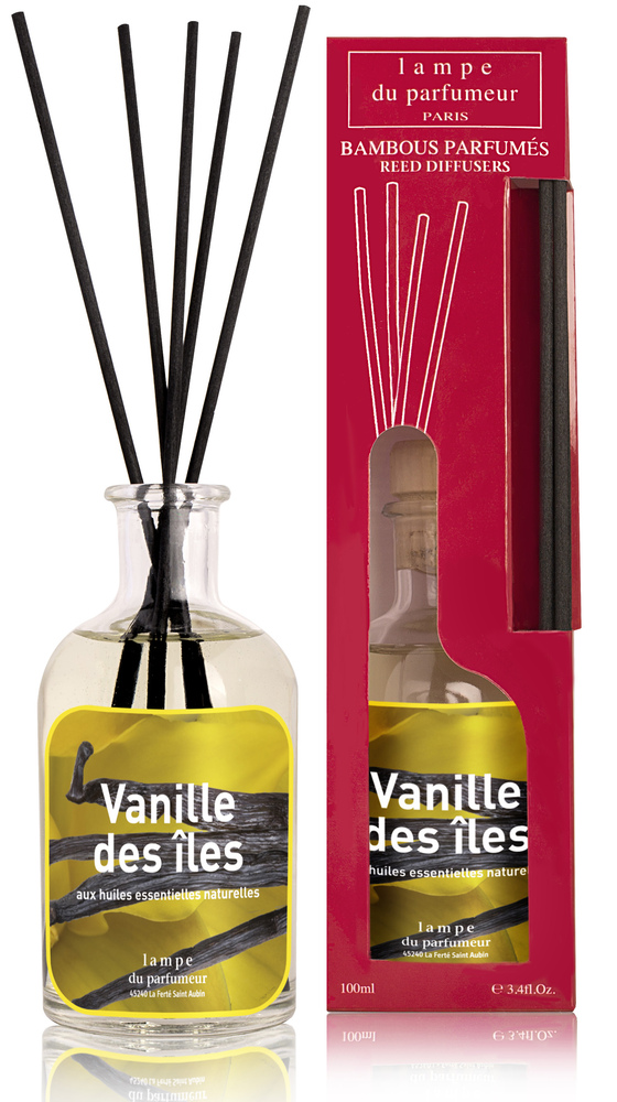 Diffuseur de parfum Bambous Parfumés Vanille des Iles 100 ml avec flacon en verre et bâtonnets en rotin