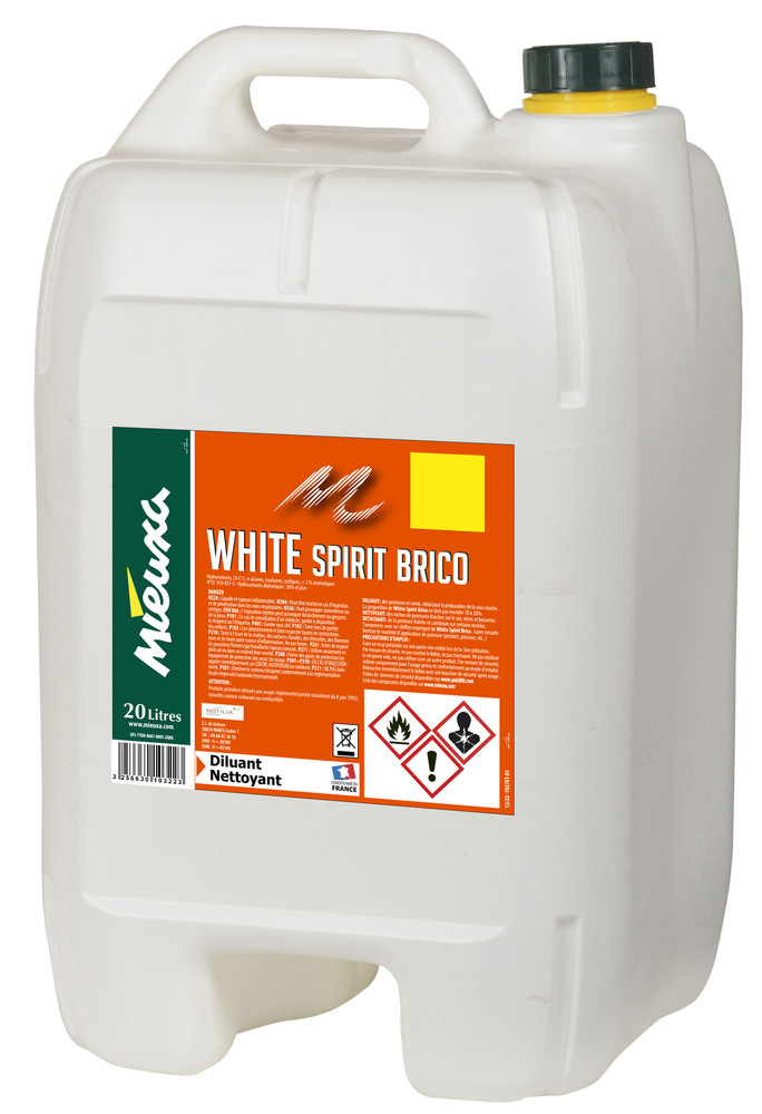 White Spirit Brico 20 L en bidon, solvant et diluant peinture pour le nettoyage des outils.