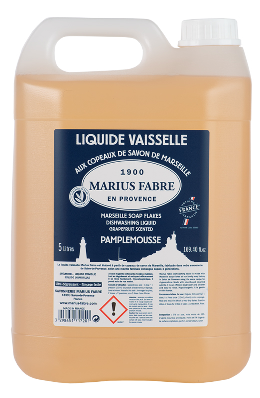 Liquide vaisselle aux Copeaux de Savon de Marseille 5L, sans huile de palme, pour nettoyage de la vaisselle à la main.