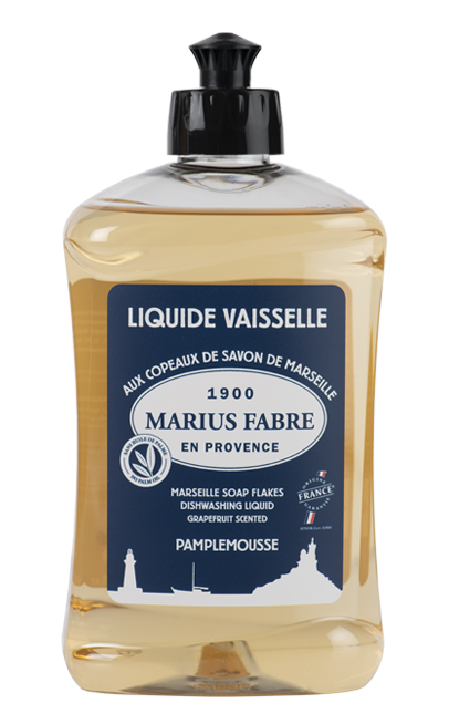 Bouteille de liquide vaisselle mains aux copeaux de Savon de Marseille 500 ml, formule sans huile de palme.