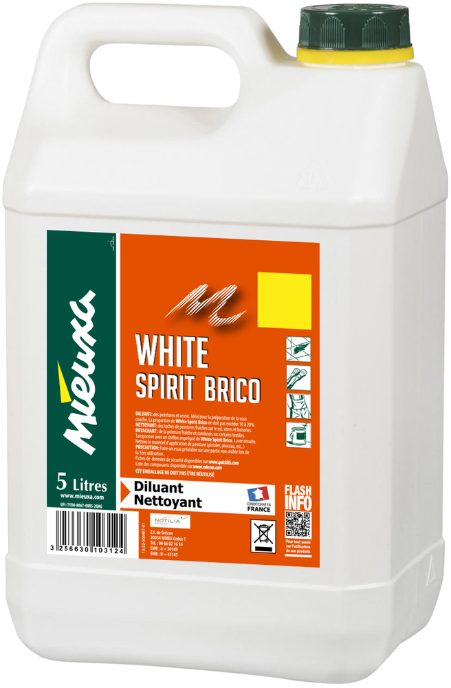 White Spirit Brico 5L, solvant, diluant et nettoyant pour peintures en bidon plastique