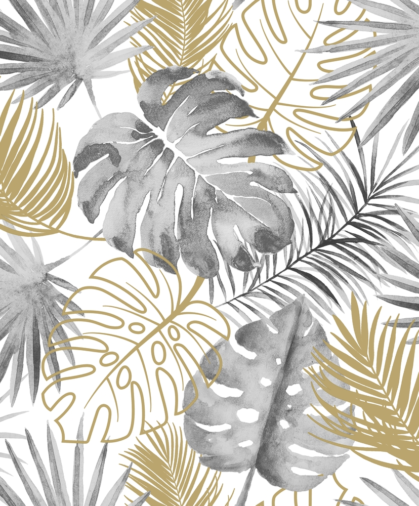 Papier Peint Intissé L60409 Glitter Amazonie Gris, avec motifs de jungle tropicale luxuriante et finition pailletée
