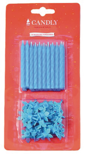 Bougies d'anniversaire bleues en blister de 20, fines et décoratives pour gâteau.