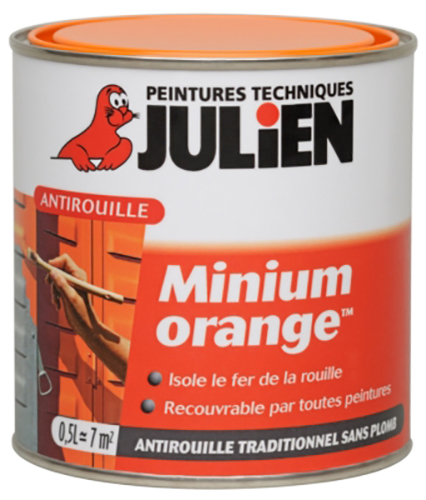 Pot de Minium Orange, primaire antirouille 0.5L pour fers et métaux extérieurs