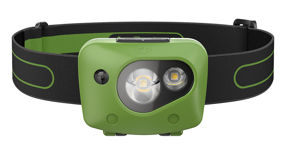 Lampe frontale noire GP CH43 Discovery 150 Lumens avec bandeau ajustable pour l'éclairage.
