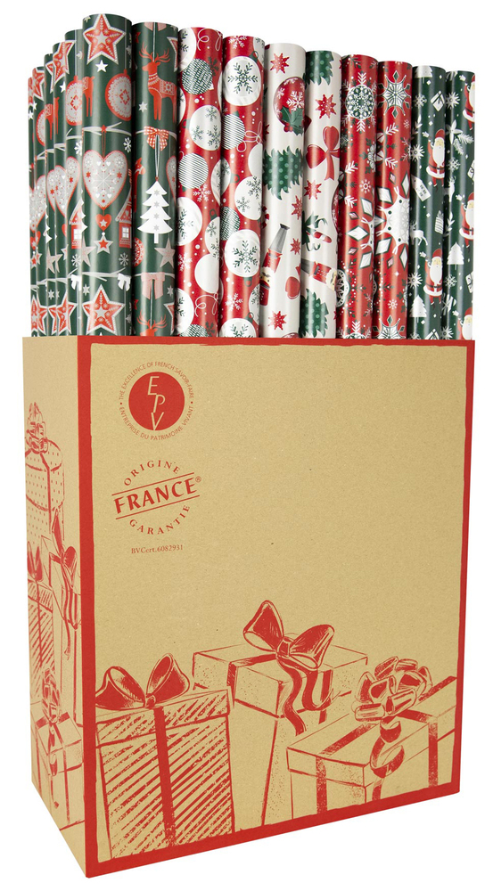 Box de 60 rouleaux de papier cadeau Luxe Noël 0.70 x 2 m avec motifs festifs et variés