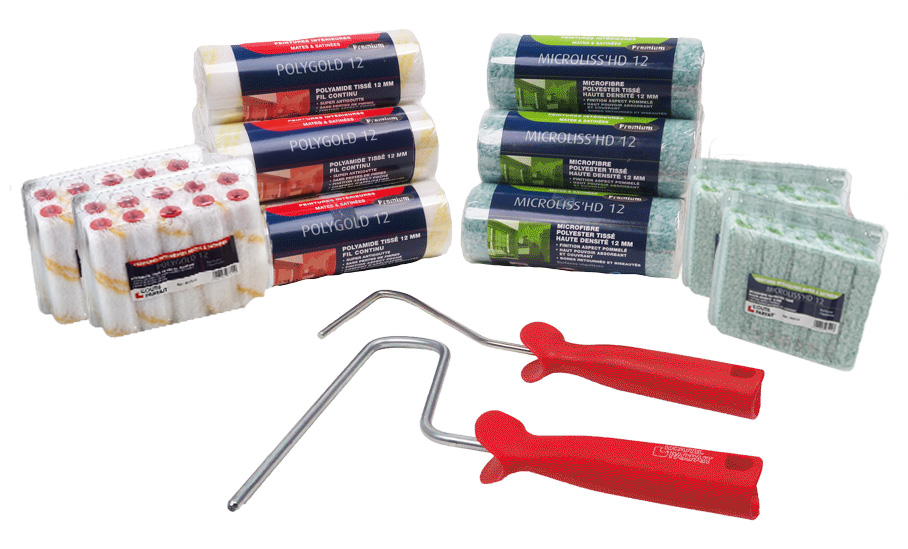 Lot de 32 manchons de rouleaux à peindre Polygold et Microliss avec 2 montures, pour travaux sur surfaces lisses et rugueuses