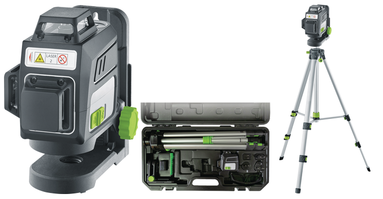 Niveau laser croix 360° Pocket Plane 3G à faisceaux verts, kit complet avec trépied 150 cm pour mesures et traçage précis.