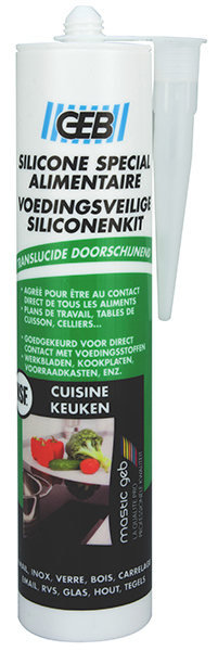 Mastic silicone spécial alimentaire translucide en cartouche de 280 ml pour l'étanchéité des joints.