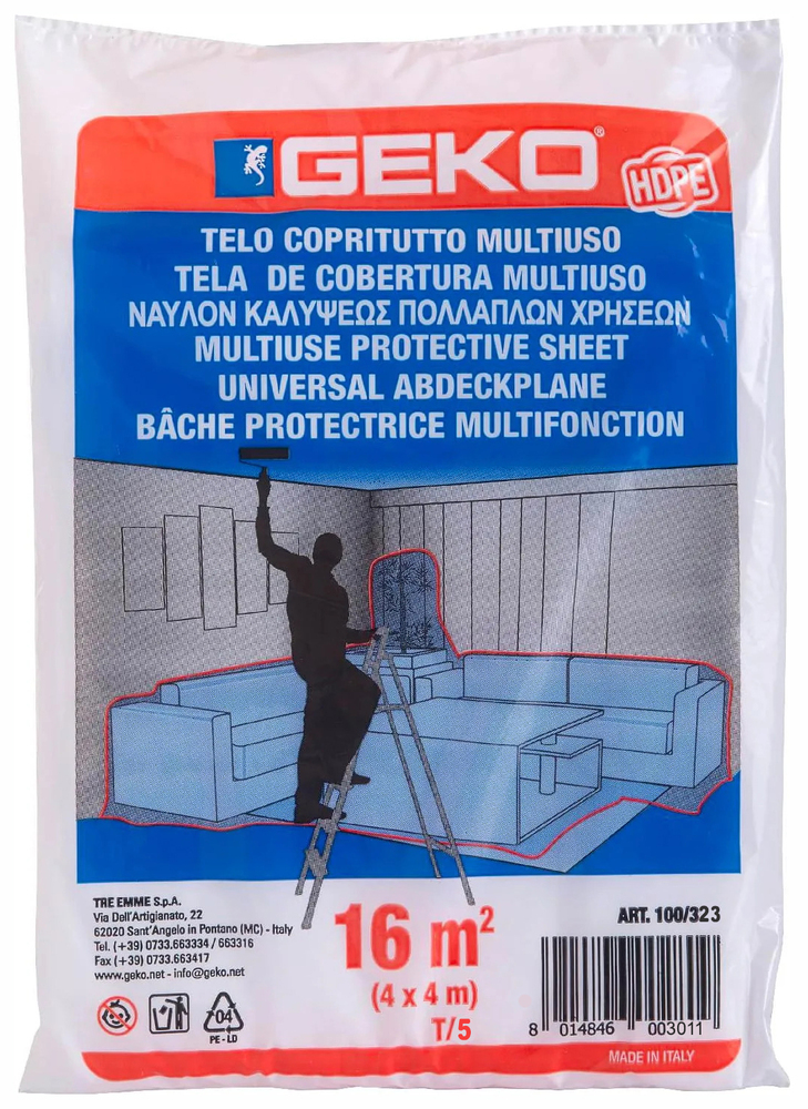 Bâche de protection plastique transparente 16 m² pliée dans son sachet pour travaux de peinture