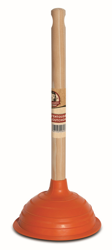 Ventouse caoutchouc noire de 150 mm avec manche en bois brut de 30 cm pour déboucher les toilettes.