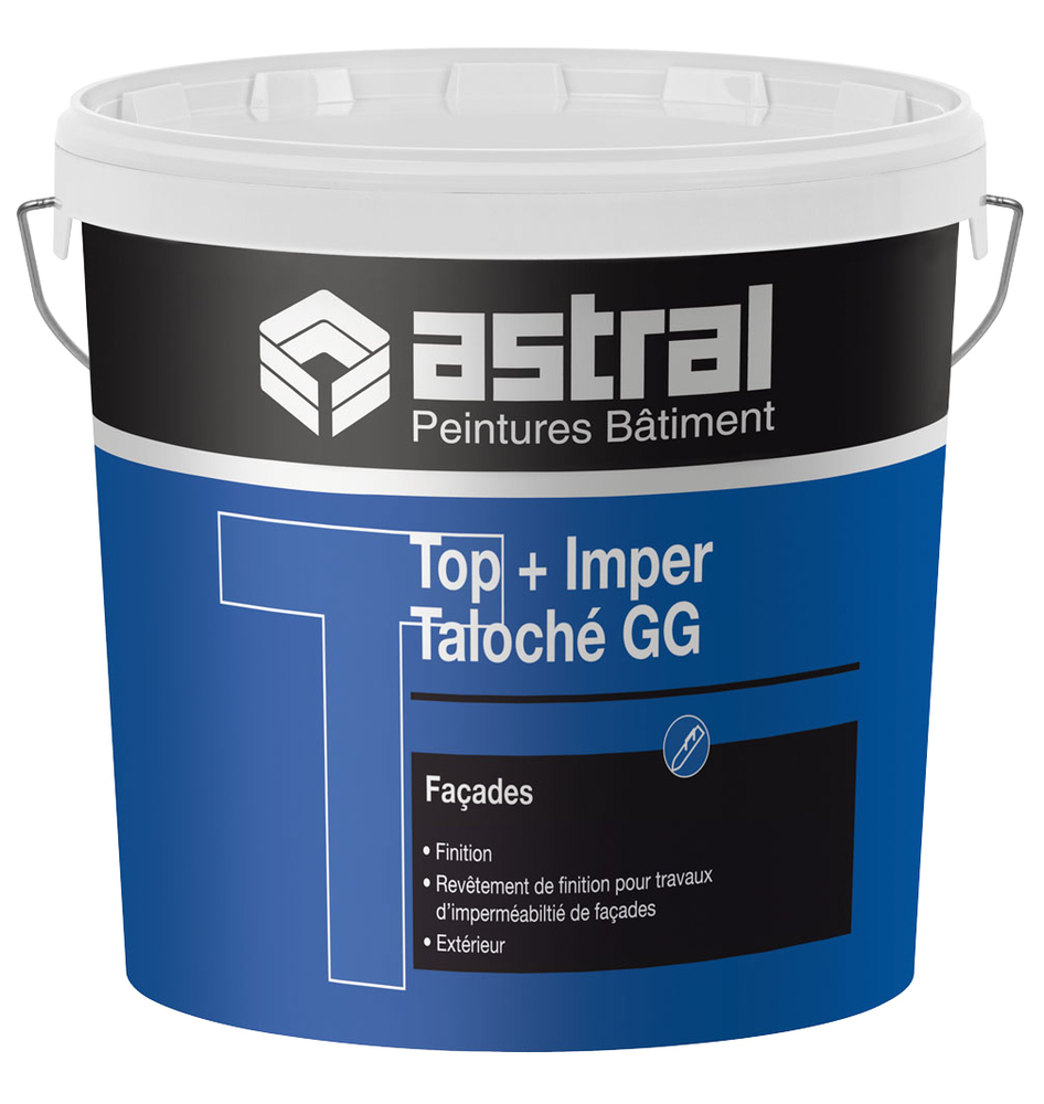 Enduit de façade imperméable Top + Imper Taloché GG 15L, finition texturée et protection I1 à I4