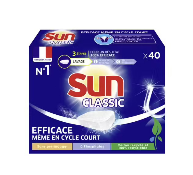 Pack de 40 tablettes Lave-Vaisselle Classic pour une vaisselle éclatante.
