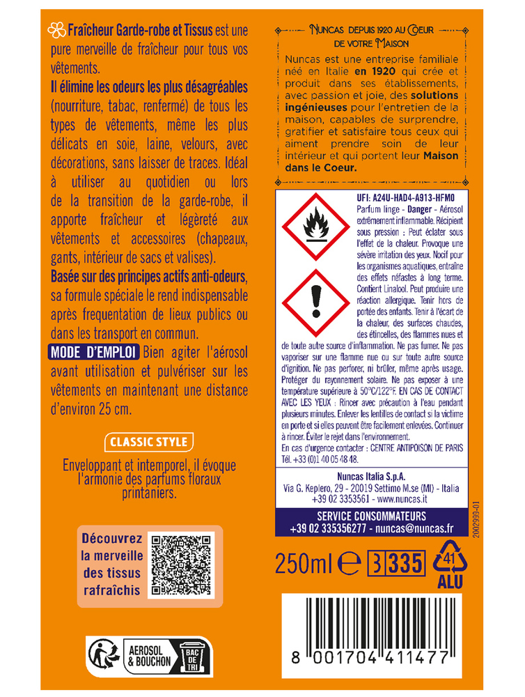 Désodorisant Fraîcheur Garde-Robe et Tissus 250 ml