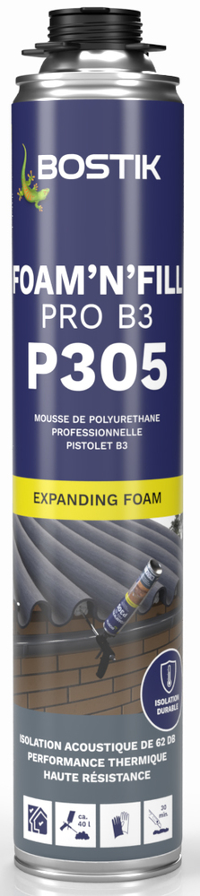 Bombe de mousse polyuréthane expansive PU P305 FOAM’N’FILL PRO B3 750 ml pour isolation thermique et remplissage des murs intérieurs