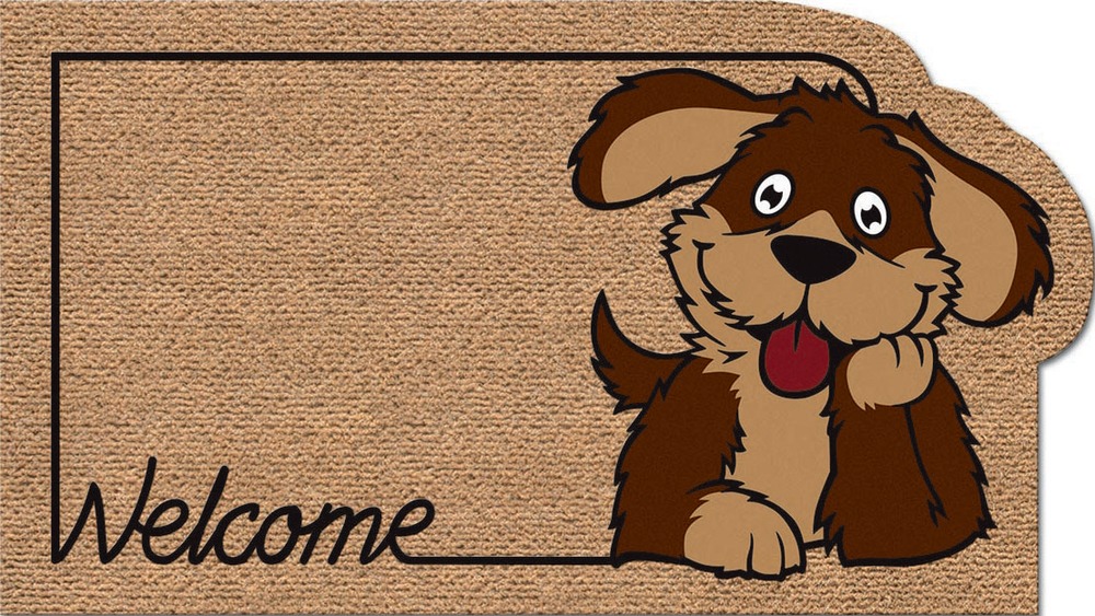 Tapis aiguilleté Faux Coco Kokarda 40 x 70 cm avec motif chien et texte Welcome, idéal pour l'entrée.