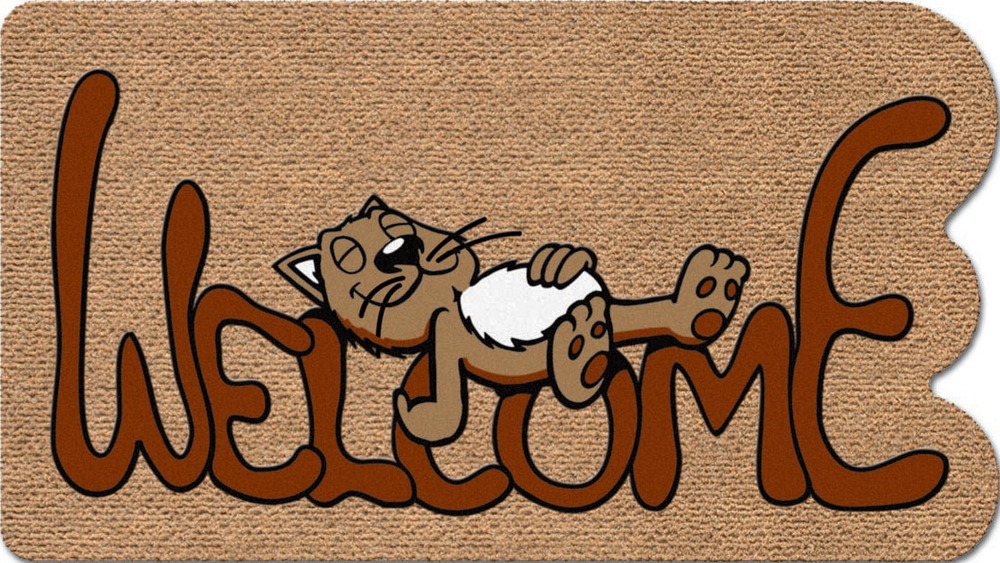 Tapis d'entrée Faux Coco beige avec motif Chat Relax et texte Welcome, 40x70 cm
