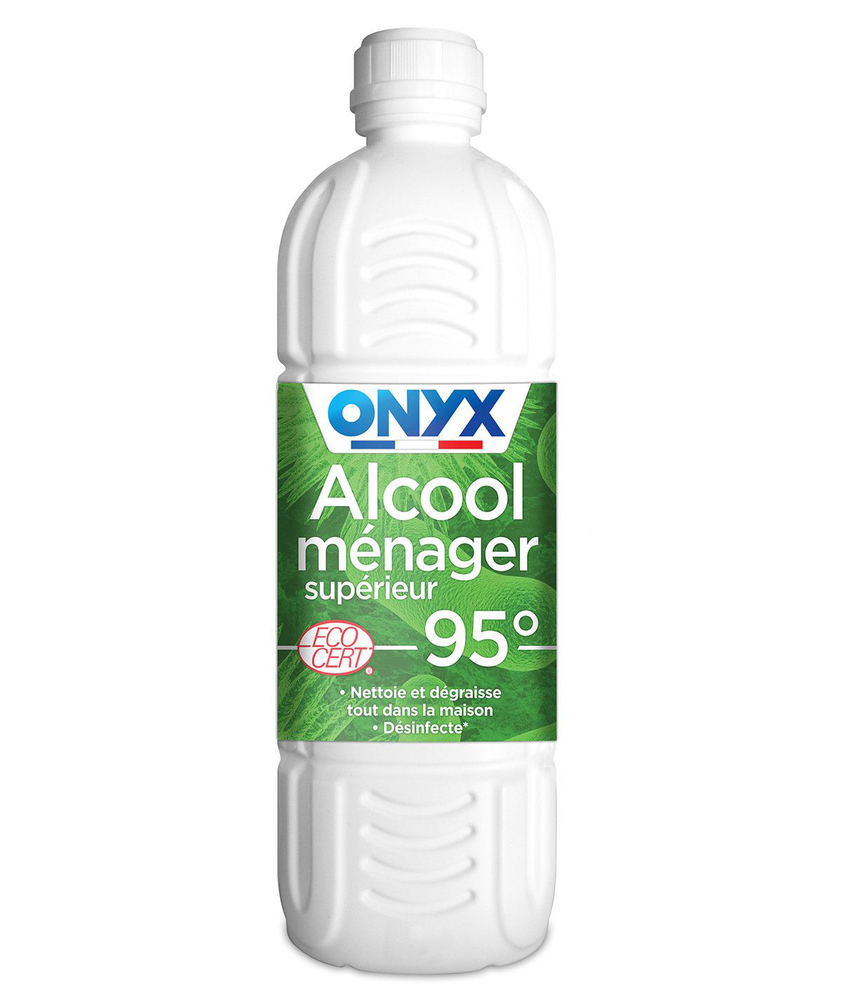 Bouteille d'alcool ménager supérieur à 95° de 1L, idéal pour le nettoyage multi-surfaces et la désinfection.