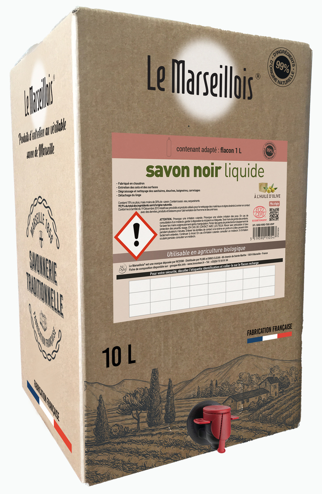 Savon Noir Liquide Ecocert Bib 10L, produit d'entretien écologique grand format vrac