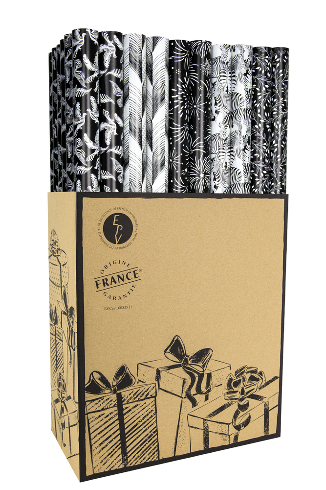 Boîte de 60 rouleaux de papier cadeau noir et blanc 0.70 x 2 m, avec un motif graphique moderne, idéal pour un usage professionnel.