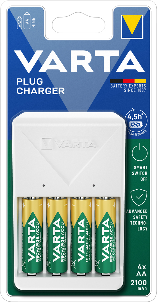 Chargeur secteur compact avec 4 piles rechargeables AA 2100mAh