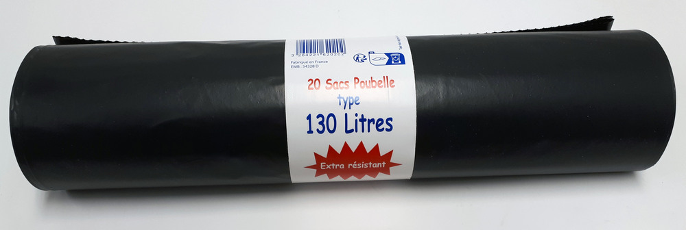 Sacs poubelle noirs à liens résistants de 130 litres en rouleau de 20