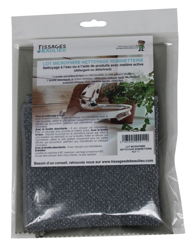 Lot Robinetterie Lavette + Microfibre pour un nettoyage efficace et sans traces des robinets et surfaces brillantes.