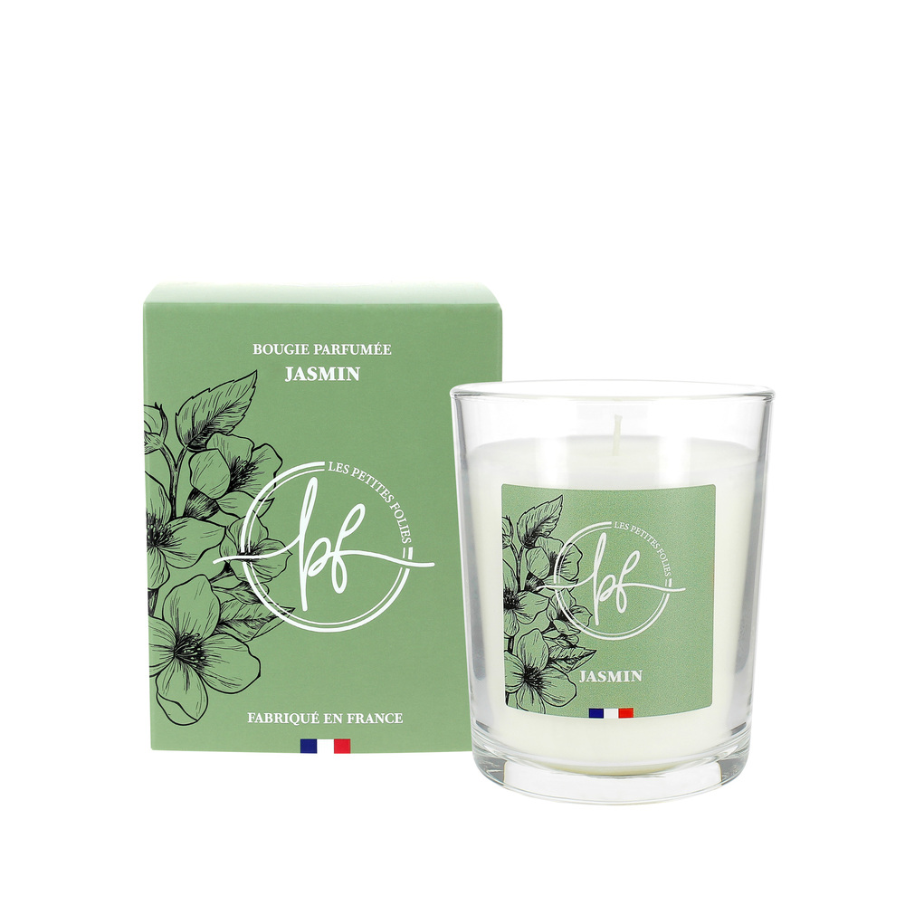Bougie parfumée au Jasmin 180g, cire blanche, dans son pot en verre avec étui.