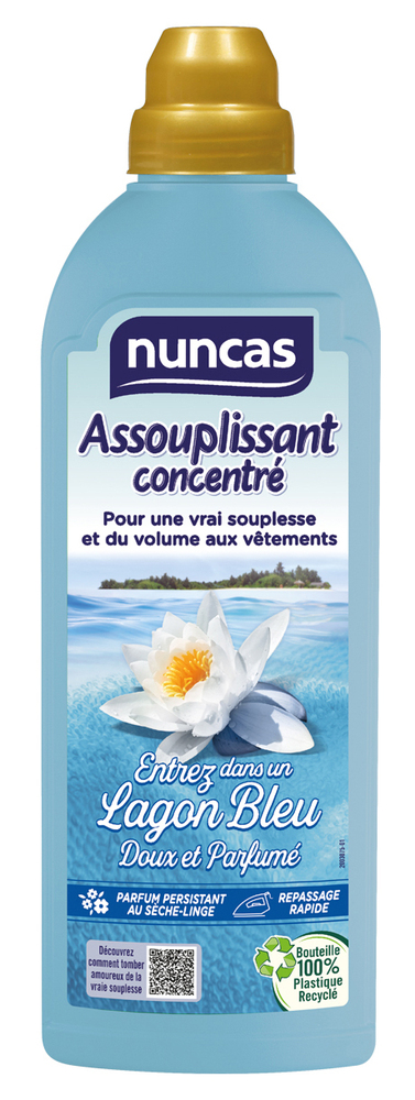 Assouplissant Concentré Lagon Bleu 750 ml en flacon bleu, pour un linge au parfum frais.