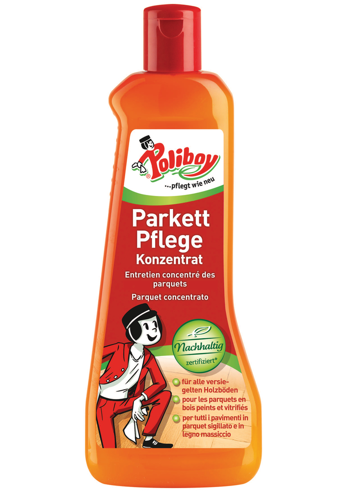 Poliboy Entretien Parquets Concentré 500 ml pour le nettoyage et la protection des sols en bois.