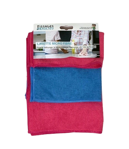 Lot de 3 lavettes microfibres 38x38 cm de couleurs assorties, en sachet accrochable, idéales pour le nettoyage ménager.