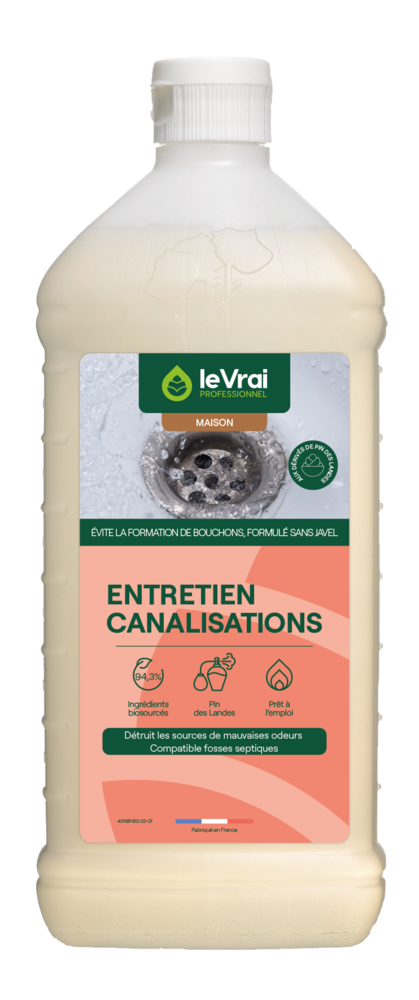 Bouteille de produit d'entretien et déboucheur pour canalisations et fosses septiques, format 1 litre
