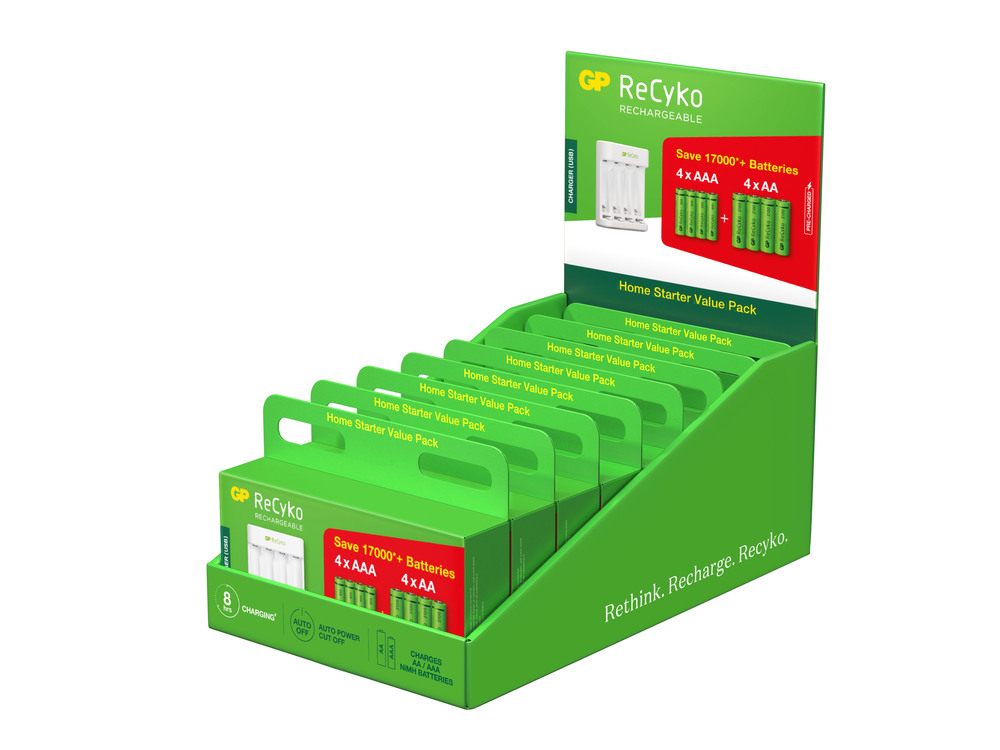 Chargeur de piles ReCyko E411 avec 4 piles AA et 4 piles AAA rechargeables, en pack display de 8.
