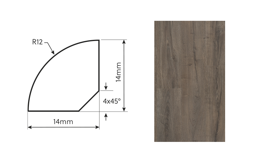 Quart de rond en cèdre grisé pour finition de parquet, profil arrondi et veinage bois apparent.