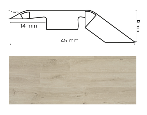 Barre de seuil en sapin pour raccord de parquet et stratifié, profil de jonction bois naturel.
