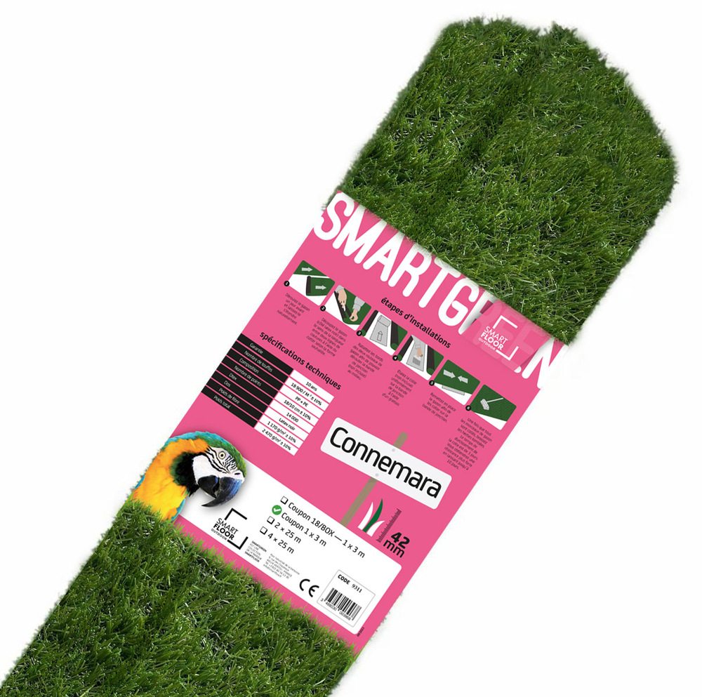 Gazon synthétique Connemara 42 mm en coupon de 1 x 3 mètres, avec des brins verts réalistes pour aménagement de jardin ou terrasse.