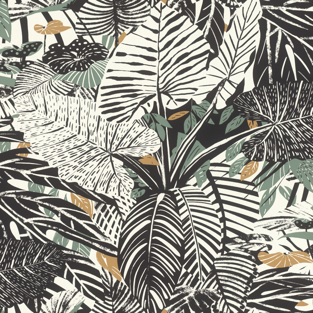 Papier peint vinyle grainé sur intissé motif jungle tampon noir et vert