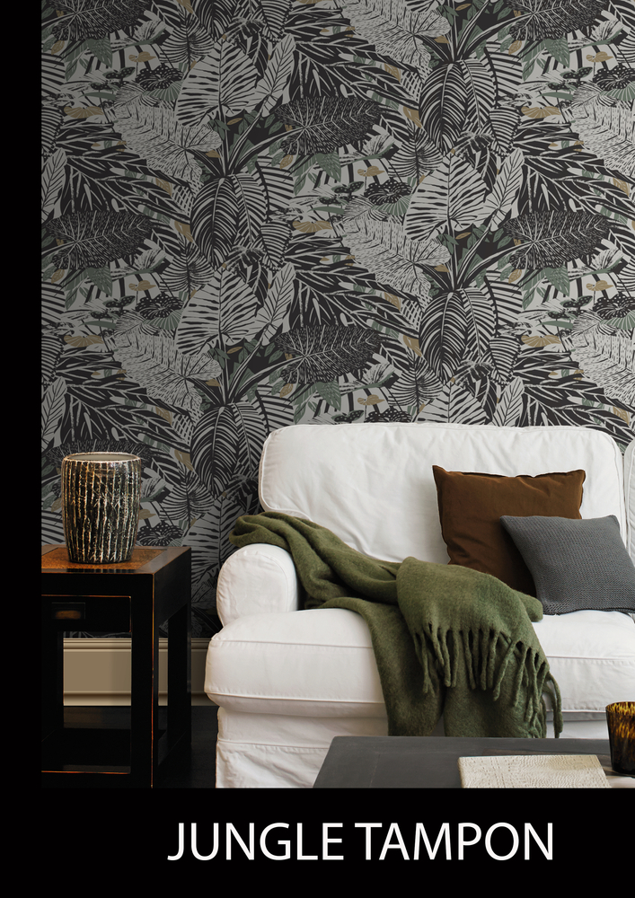 3519 - Papier Peint Vinyle Grainé sur Intissé Motif Jungle Tampon Noir Vert