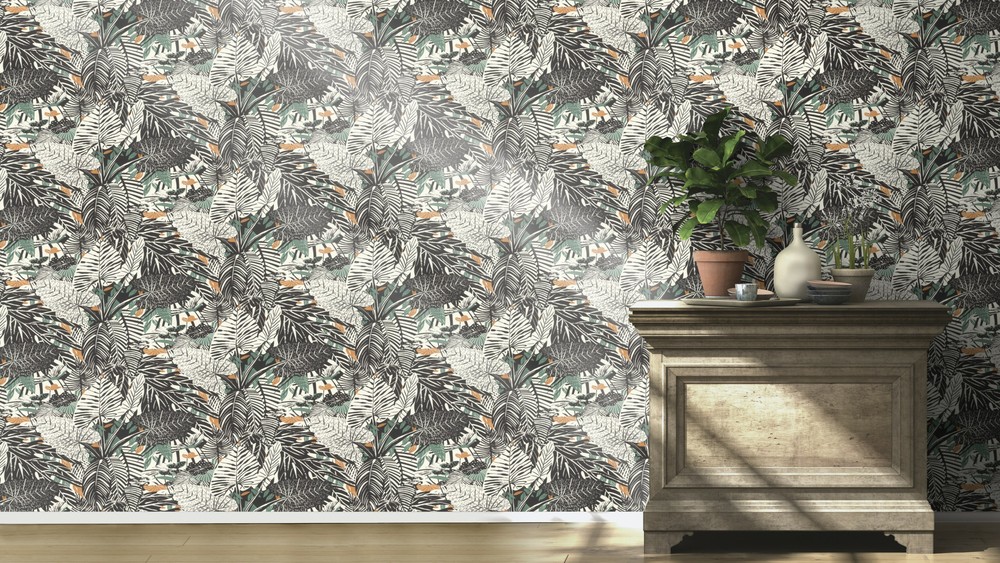 3519 - Papier Peint Vinyle Grainé sur Intissé Motif Jungle Tampon Noir Vert